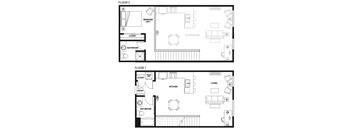 A black and white image of a floor plan for a two-story apartment.