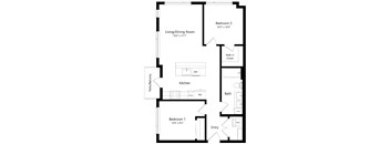 A black and white image of a floor plan for a home with a living/dining room, kitchen, two bedrooms, a bath, and a patio/balcony.