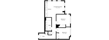 A floor plan of a small apartment with a living/dining room, kitchen, two bedrooms, a bath, and an entry.