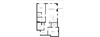 A floor plan of a home with two bedrooms, a living/dining room, a kitchen, and a patio/balcony.