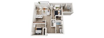 A floor plan of a small apartment with a bedroom, living room, and bathroom.