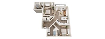 A top-down view of a small apartment layout with a kitchen, living room, bedroom, and bathroom.