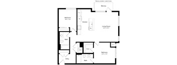 A black and white image of a floor plan for a home with a balcony, two bedrooms, a bathroom, a kitchen, a living room, and an entry.
