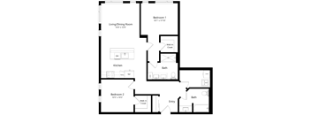 A black and white image of a floor plan for a house with two bedrooms, a living/dining room, a kitchen, and two bathrooms.