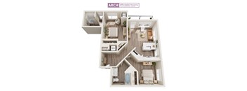 A floor plan of an ARCH Affordable Housing unit with a kitchen, living room, and bathroom.