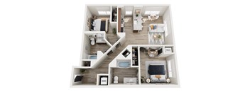 A top-down view of a small apartment layout with labeled rooms.