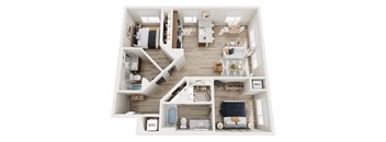 A top down view of a small apartment with a kitchen, living room, and bathroom.