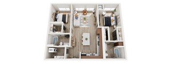 A top-down view of a small apartment with a kitchen, living room, and bathroom.