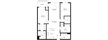 A black and white image of a floor plan for a home with a balcony, living room, dining room, kitchen, and two bedrooms.