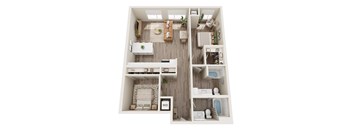 A top-down view of a small apartment with a kitchen, living room, and bathroom.