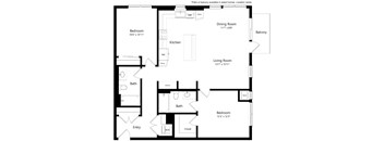 A floor plan of a home with a living room, dining room, kitchen, and three bedrooms.