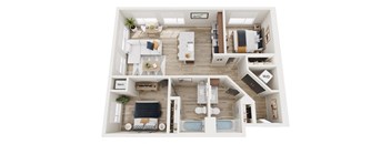 A top down view of a house layout with a living room, kitchen, dining room, and bathrooms.