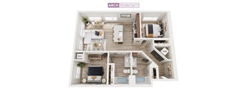 A floor plan of a small apartment with a kitchen, living room, and bathroom.