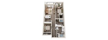A top-down view of a small apartment with a kitchen, living room, and bathroom.