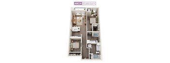 A floor plan of a small apartment with a kitchen, living room, and bathroom.