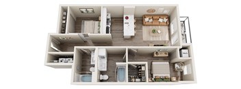 A top-down view of a small apartment with a kitchen, living room, and bathroom.