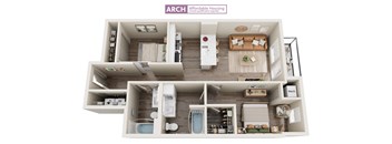 A 3D floor plan of a small apartment with a kitchen, living room, and bathroom.
