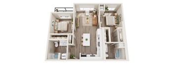 A top-down view of a small, neatly organized apartment with a kitchen, living room, and bathroom.