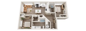 A floor plan of a house with a kitchen, living room, dining room, and bathrooms.