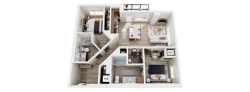 A top-down view of a small apartment with a kitchen, living room, and bathroom.