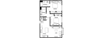 A floor plan of a house with a living room, two bedrooms, a bathroom, a kitchen, and an entry point.