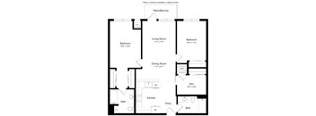 A floor plan of a home with a living room, dining room, kitchen, and two bedrooms.
