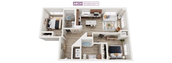 A floor plan of a small apartment with a kitchen, living room, and bathroom.