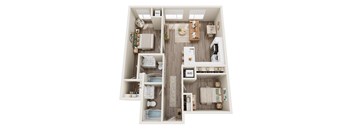 A top-down view of a small apartment with a kitchen, living room, and two bedrooms.