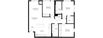A floor plan of a house with a living room, dining room, kitchen, and three bedrooms.
