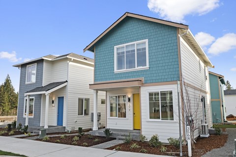 A blue house with a yellow door and a white house with a blue door.