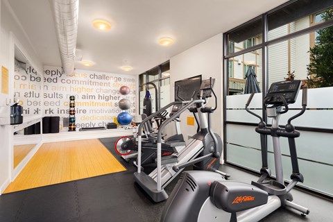a gym with treadmills and exercise equipment in a building with large windows