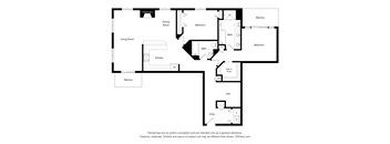 A black and white floor plan of an apartment with a living room, dining room, kitchen, and two bedrooms.