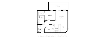 A floor plan of a house with a den, dining room, kitchen, living room, bedroom, bathroom, and balcony.