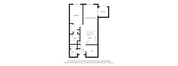 A floor plan of a house with a den, two bathrooms, a kitchen, and two bedrooms.