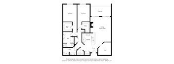 A black and white floor plan of a house with two bedrooms, a living/dining room, a kitchen, two bathrooms, and an entry.