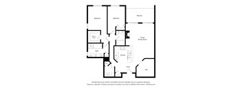 A black and white floor plan of a house with two bedrooms, a living/dining room, kitchen, bath, entry, and den.