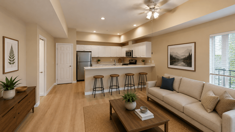 A well-lit, spacious living room with a kitchen in the background.