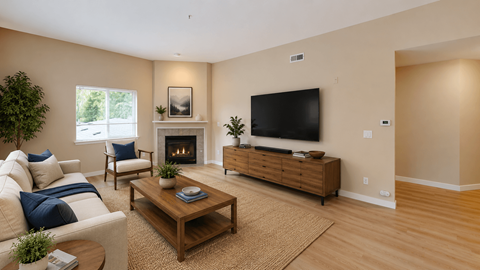 A living room with a fireplace, a couch, a chair, a coffee table, and a television.