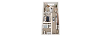 A top-down view of a small, neatly organized apartment with a bathroom and a living area.