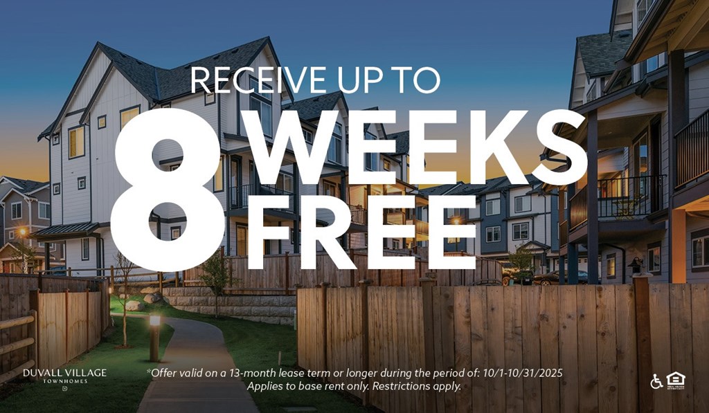 An advertisement for a 13-month lease term with up to 8 weeks free at Duvall Village.