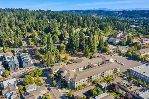 an aerial view of the building from a drone