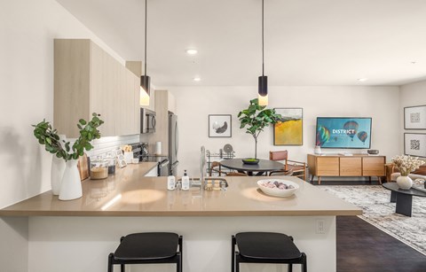 a living room with a kitchen and a dining room