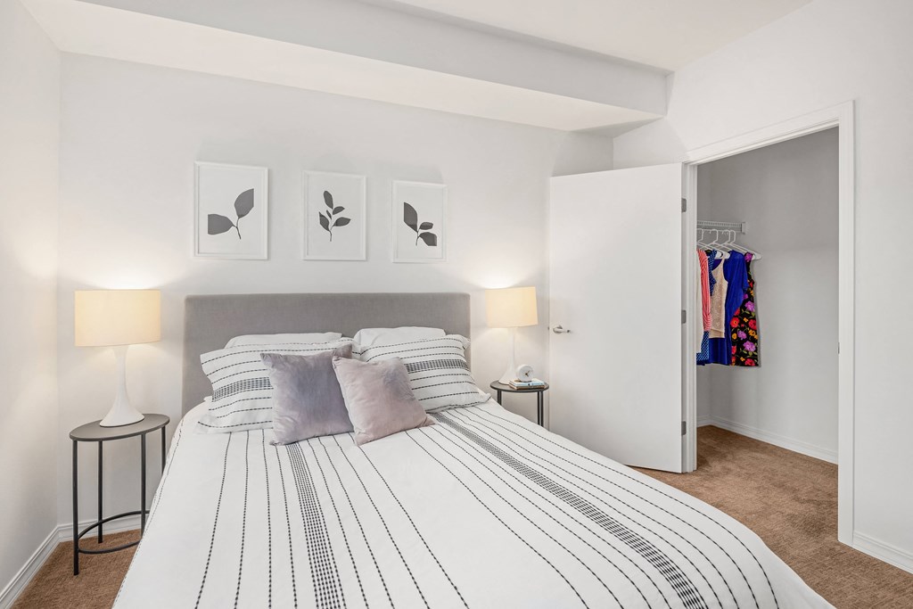 a bedroom with a bed and a closet