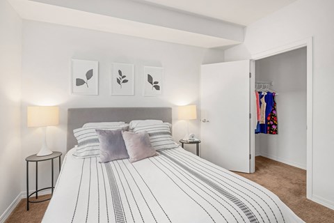 a bedroom with a bed and a closet