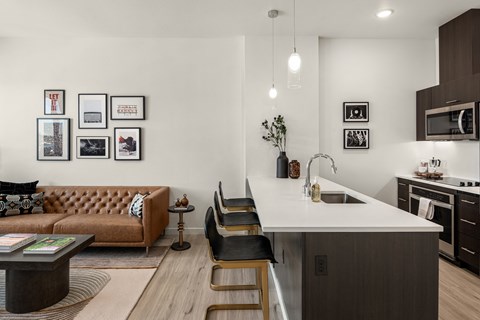 a living area with a kitchen and a couch