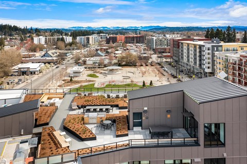 a view of the city from the top of a building