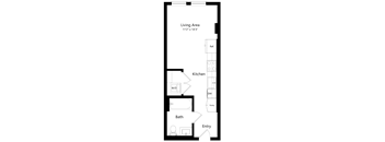A floor plan of a small apartment with a living area, kitchen, bathroom, and entry.