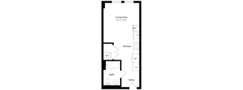 A floor plan of a living area, kitchen, bathroom, and entry.