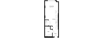A black and white floor plan of a house with a living area, kitchen, bathroom, and entry.