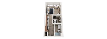 A top down view of a small apartment with a bedroom, living room, and bathroom.